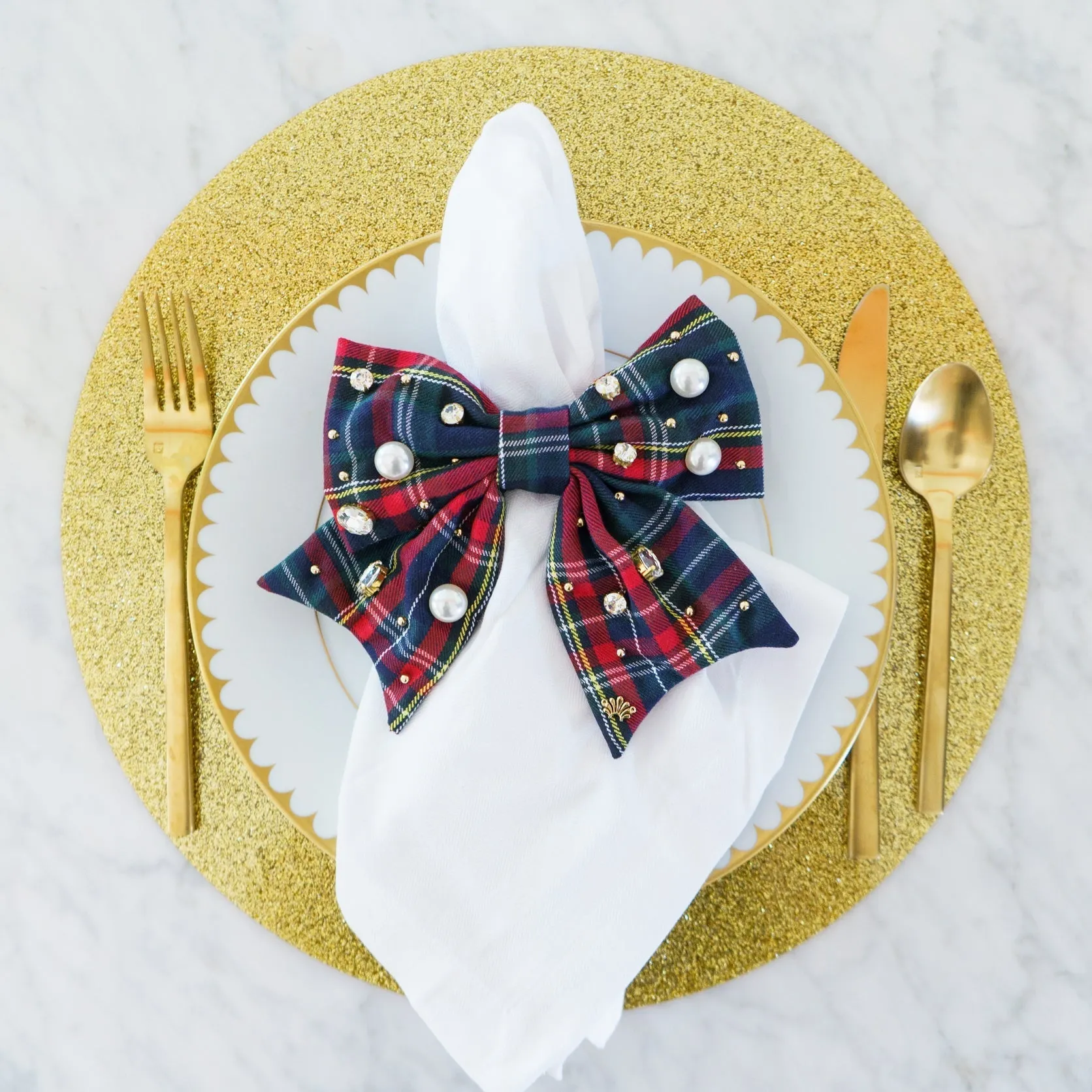 MIDNIGHT PLAID SET OF 4 EMBELLISHED PLAID BOW NAPKIN RINGS