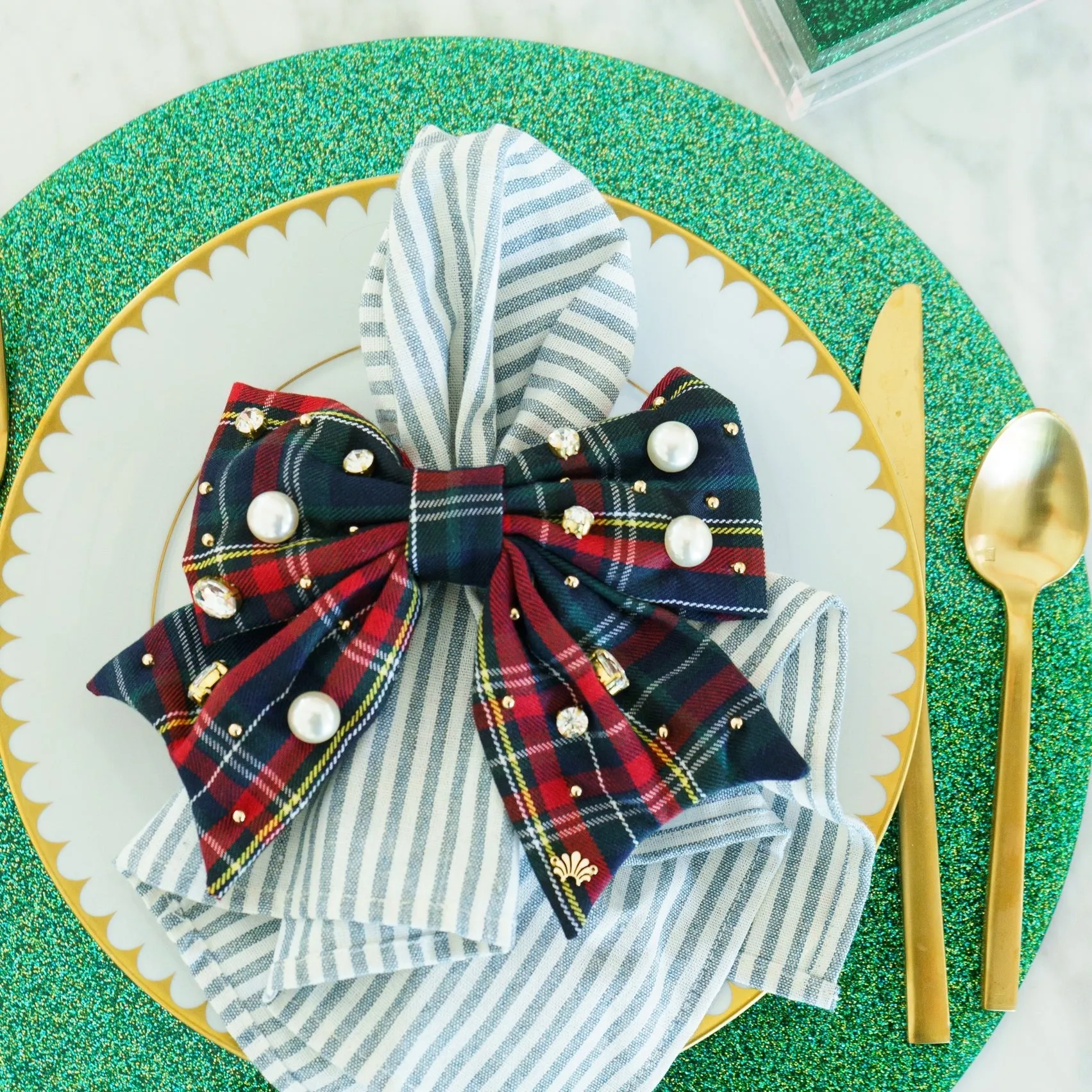 MIDNIGHT PLAID SET OF 4 EMBELLISHED PLAID BOW NAPKIN RINGS