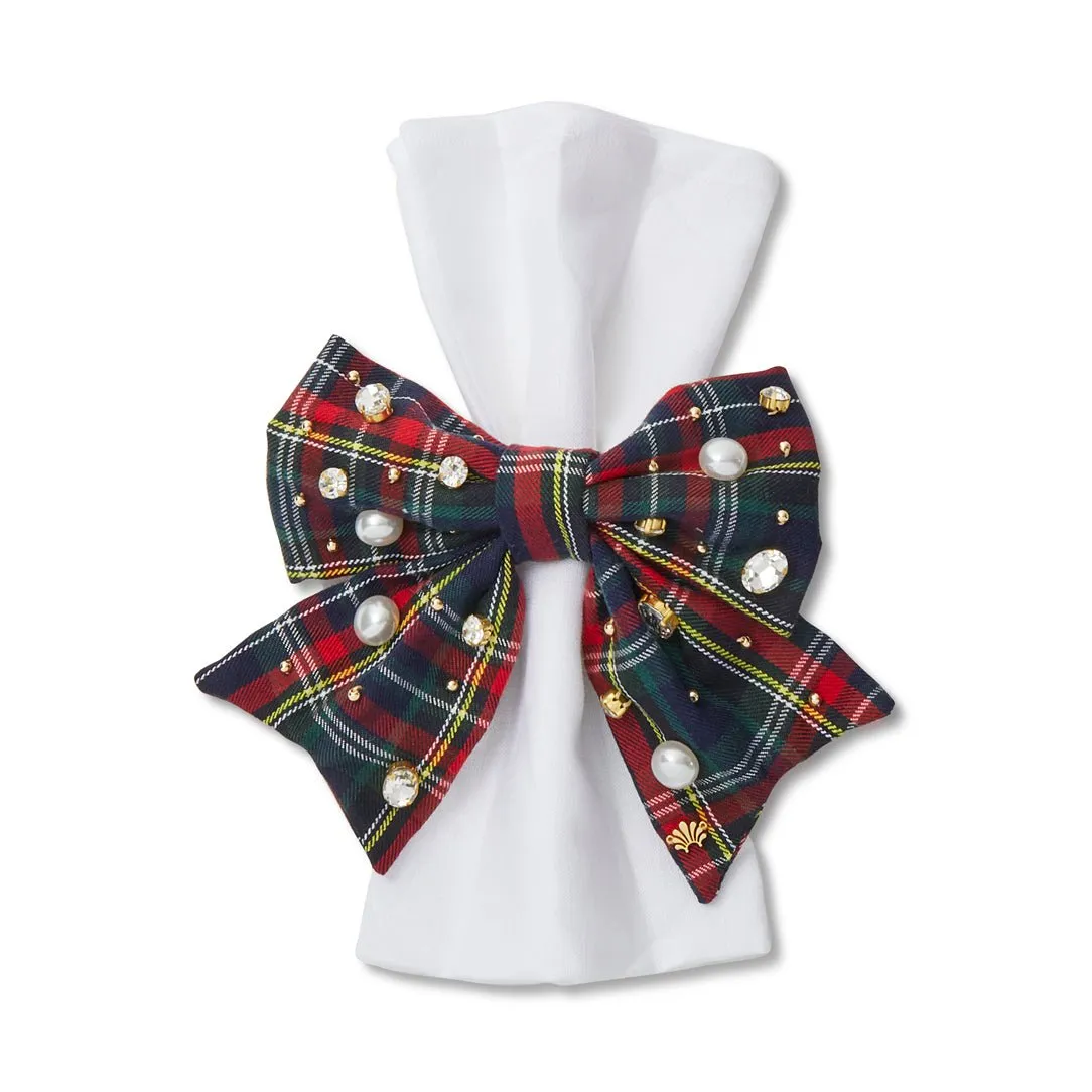 MIDNIGHT PLAID SET OF 4 EMBELLISHED PLAID BOW NAPKIN RINGS
