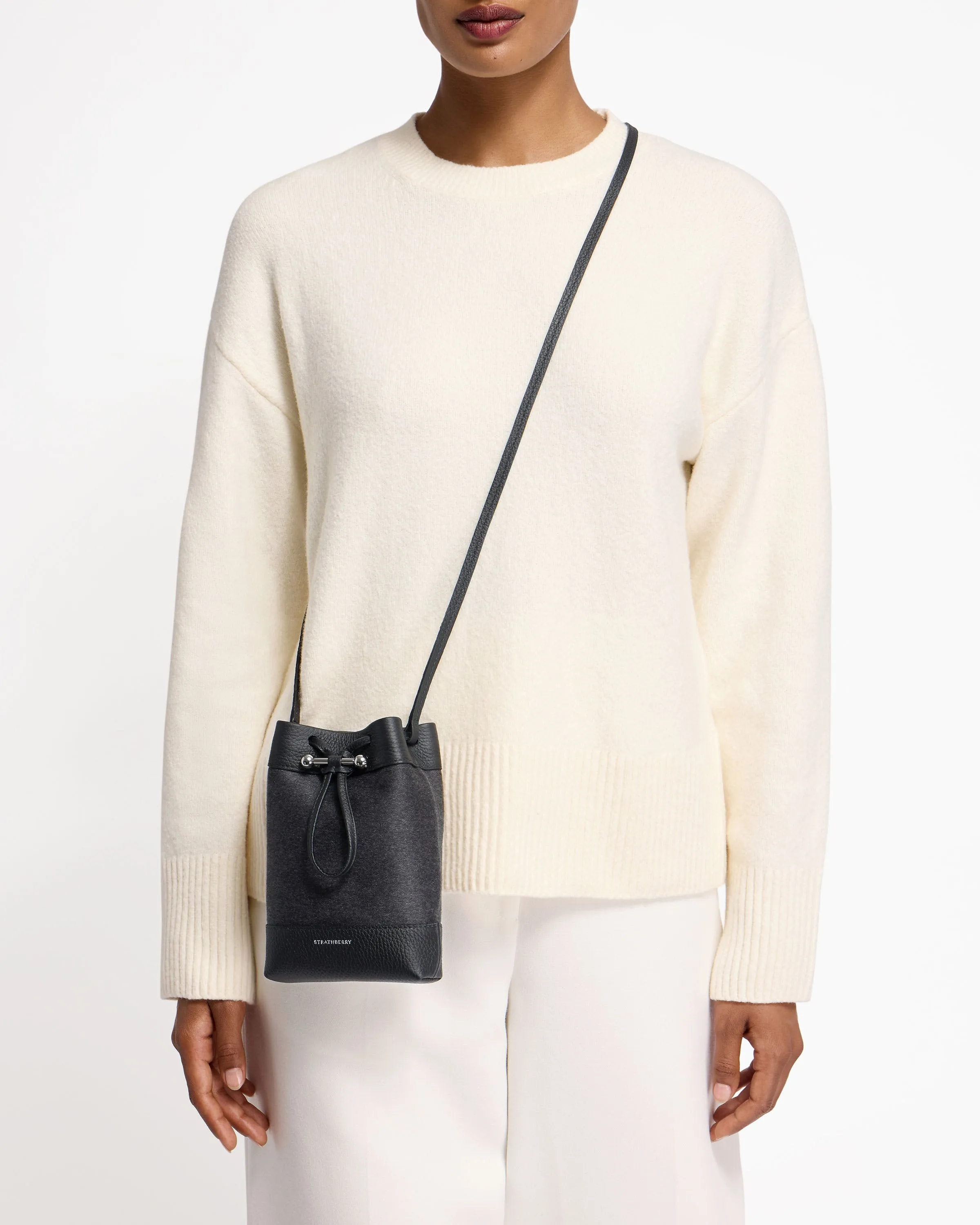 Osette Midi Pouch - Cashmere/Leather Charcoal Black with Silver Hardware