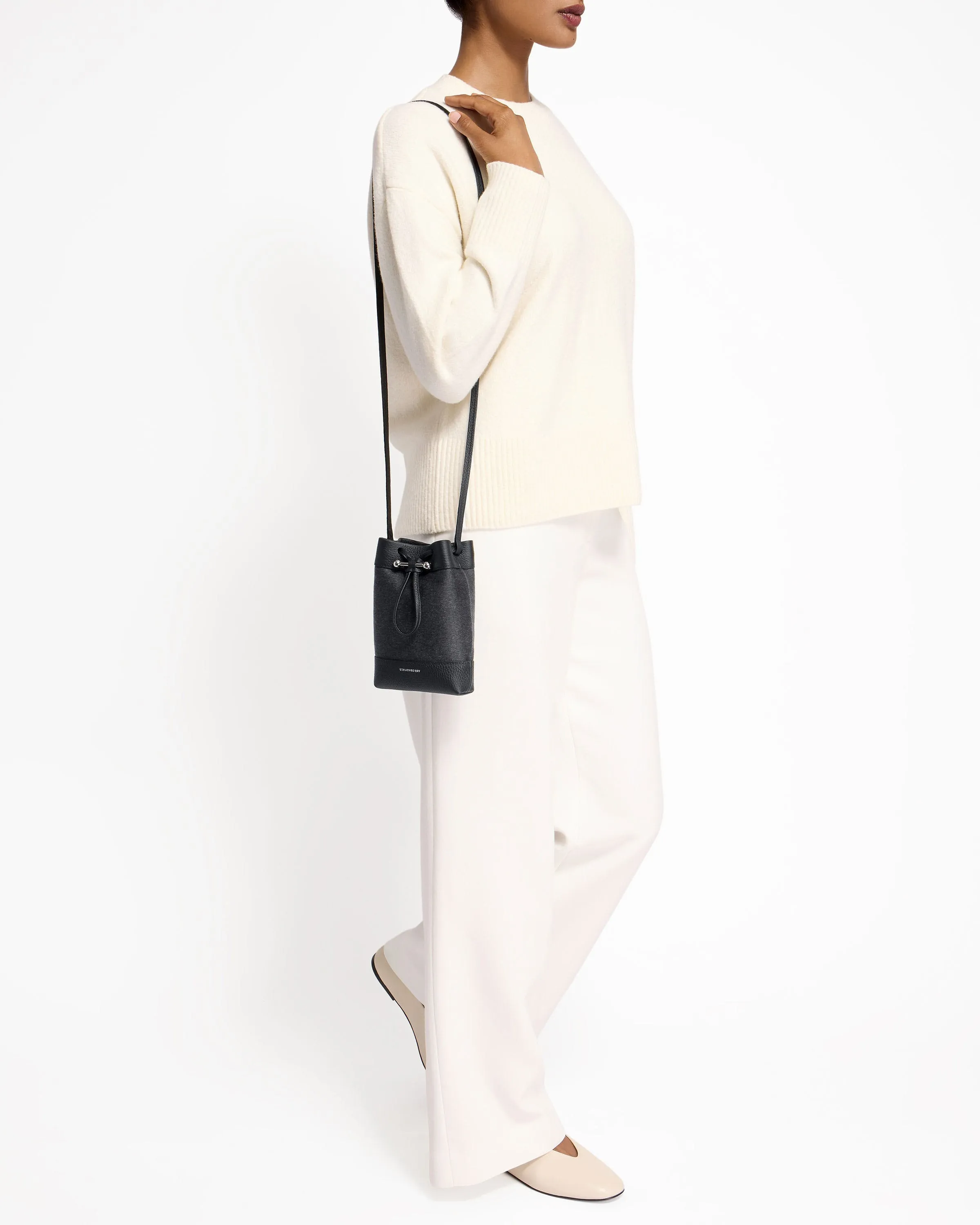 Osette Midi Pouch - Cashmere/Leather Charcoal Black with Silver Hardware