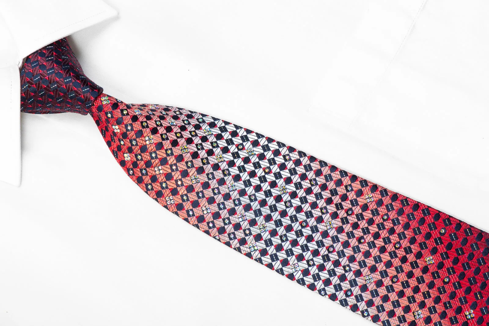Pierre Cardin Rhinestone Silk Necktie Red Navy Checkered With Silver Sparkles