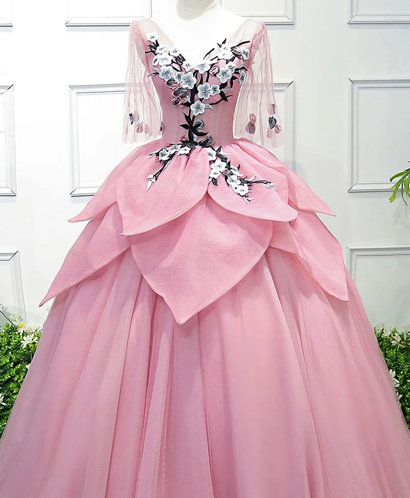 Pink V Neck Tulle Lace Applique Long Prom Dress, Pink Evening Dress, 1