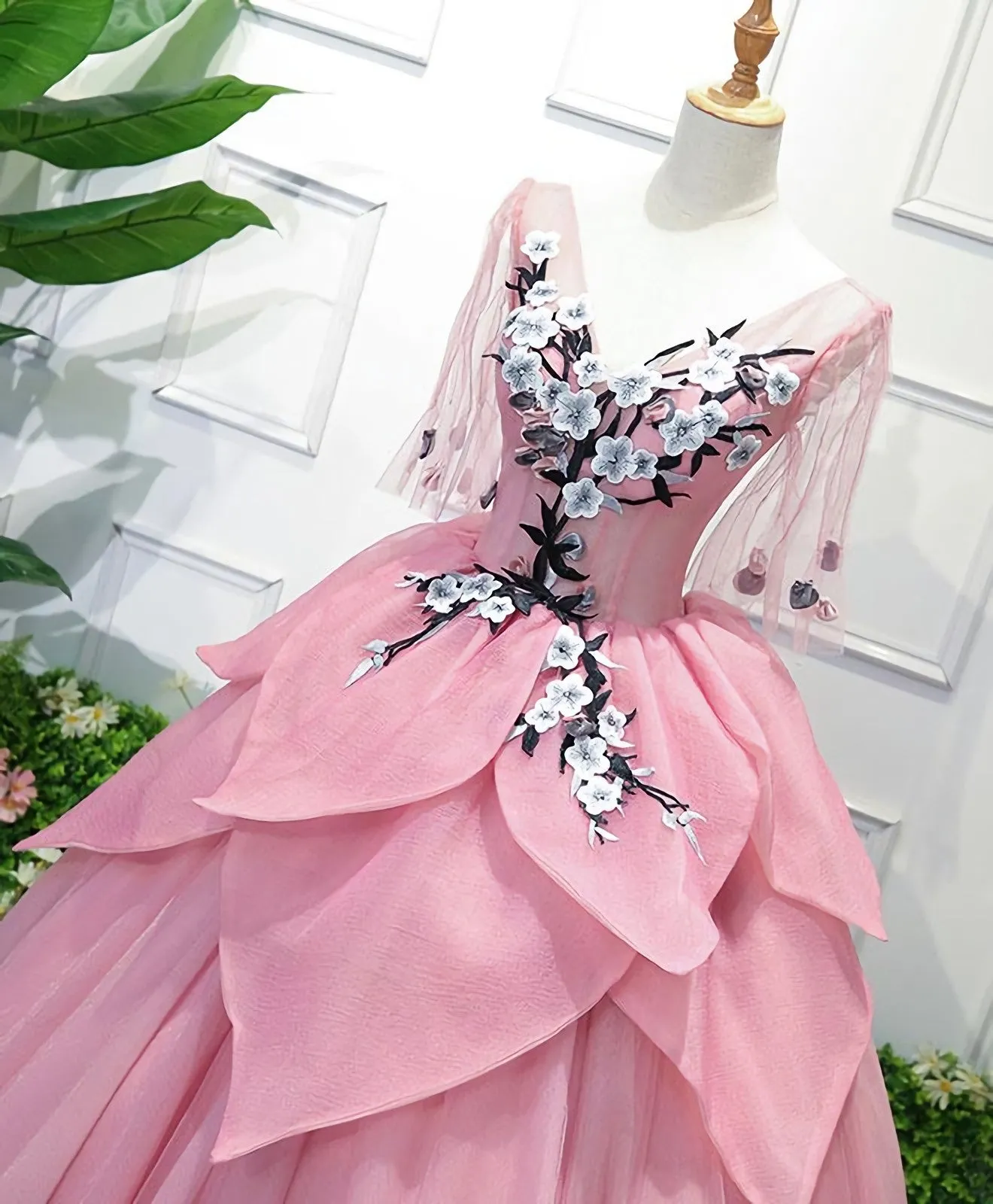 Pink V Neck Tulle Lace Applique Long Prom Dress, Pink Evening Dress, 1