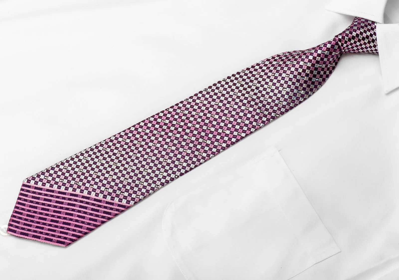 Renoma Men's Crystal Rhinestone Silk Necktie Silver Purple Checkered With Sparkles