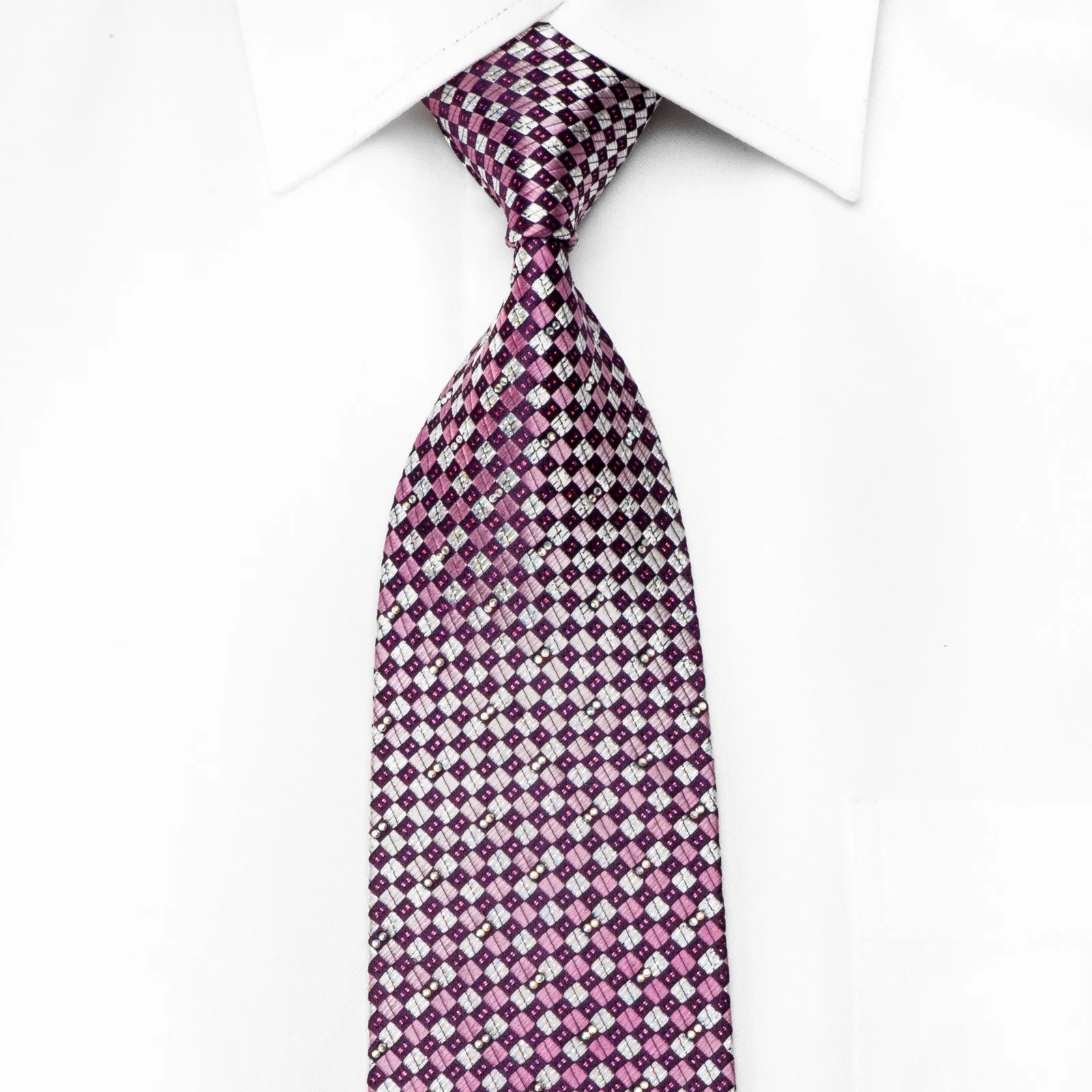 Renoma Men's Crystal Rhinestone Silk Necktie Silver Purple Checkered With Sparkles