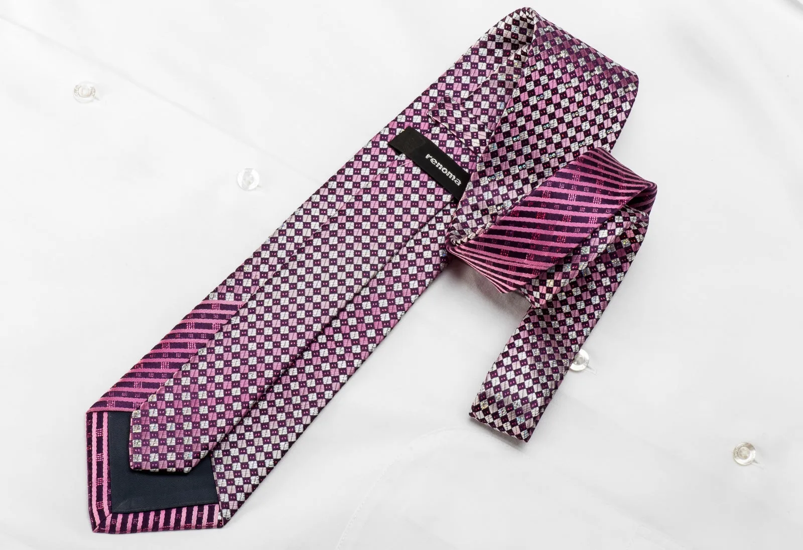 Renoma Men's Crystal Rhinestone Silk Necktie Silver Purple Checkered With Sparkles