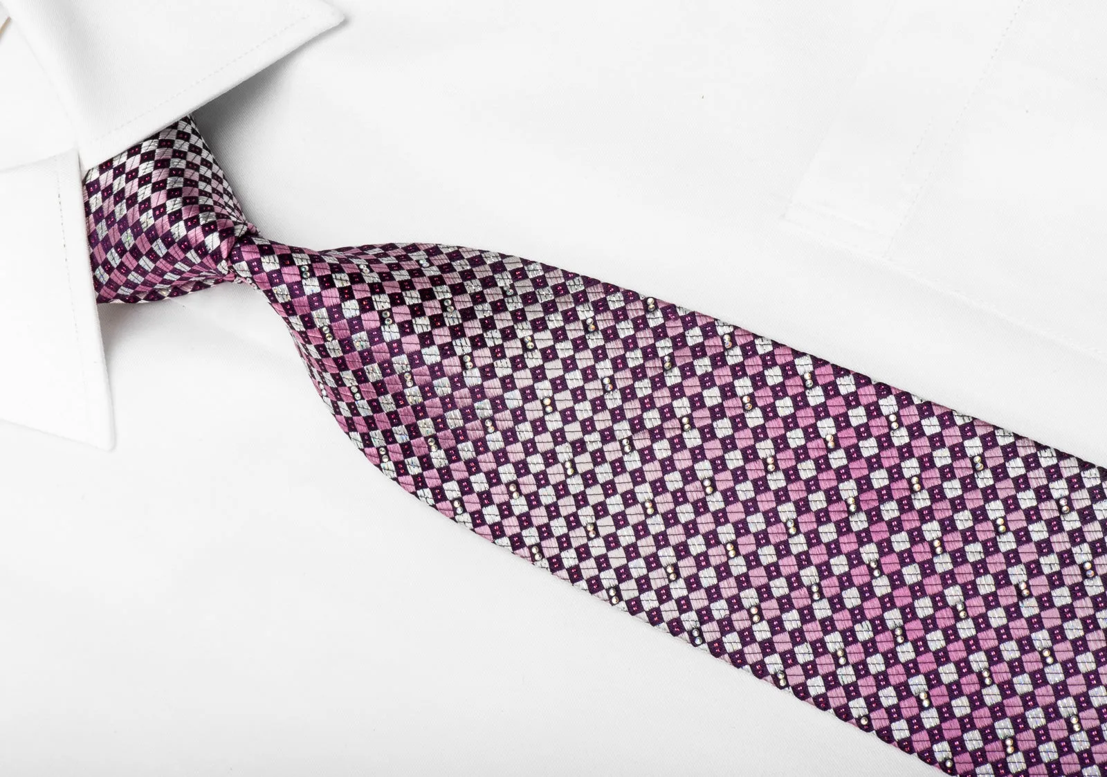 Renoma Men's Crystal Rhinestone Silk Necktie Silver Purple Checkered With Sparkles
