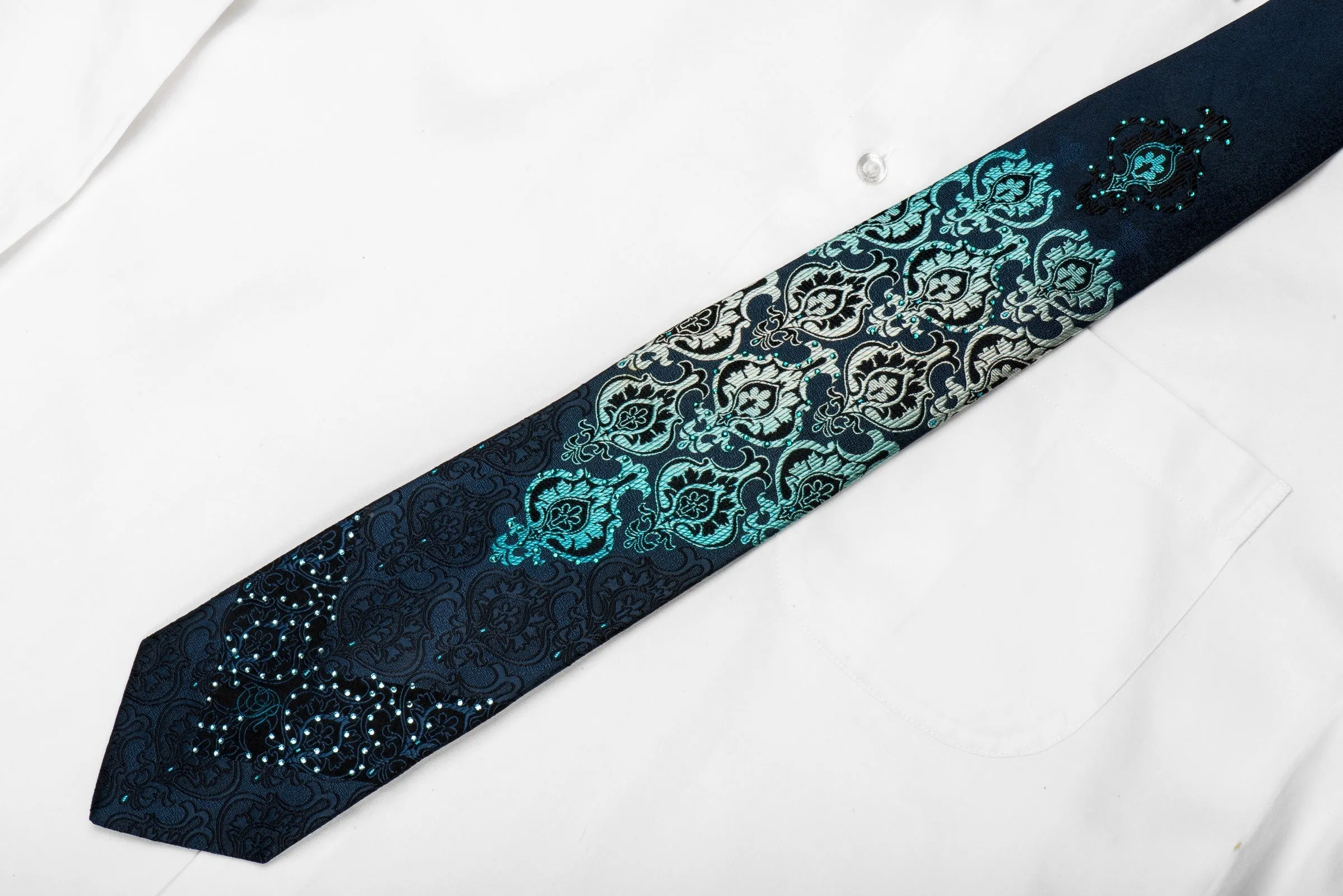 Renoma Men's Crystal Silk Necktie Turquoise Damask On Navy With Sparkles