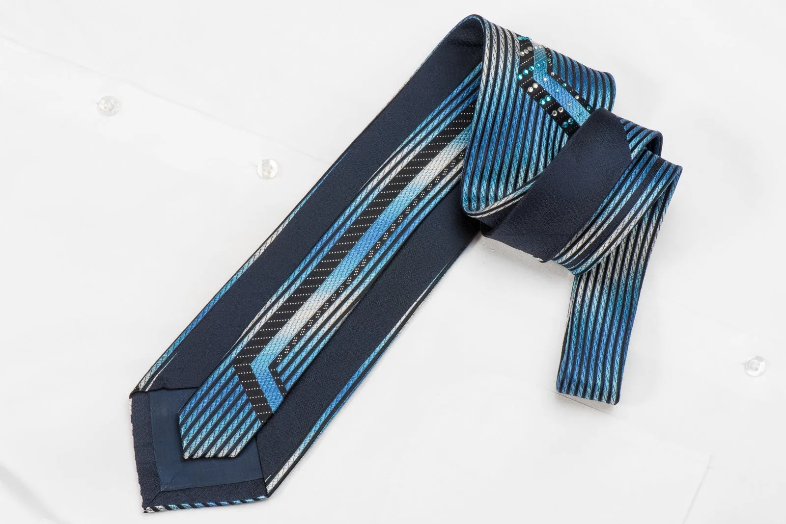 Roberta di Camerino Men's Crystal Sild Tie Blue Vertical Stripes On Black With Silver Sparkles
