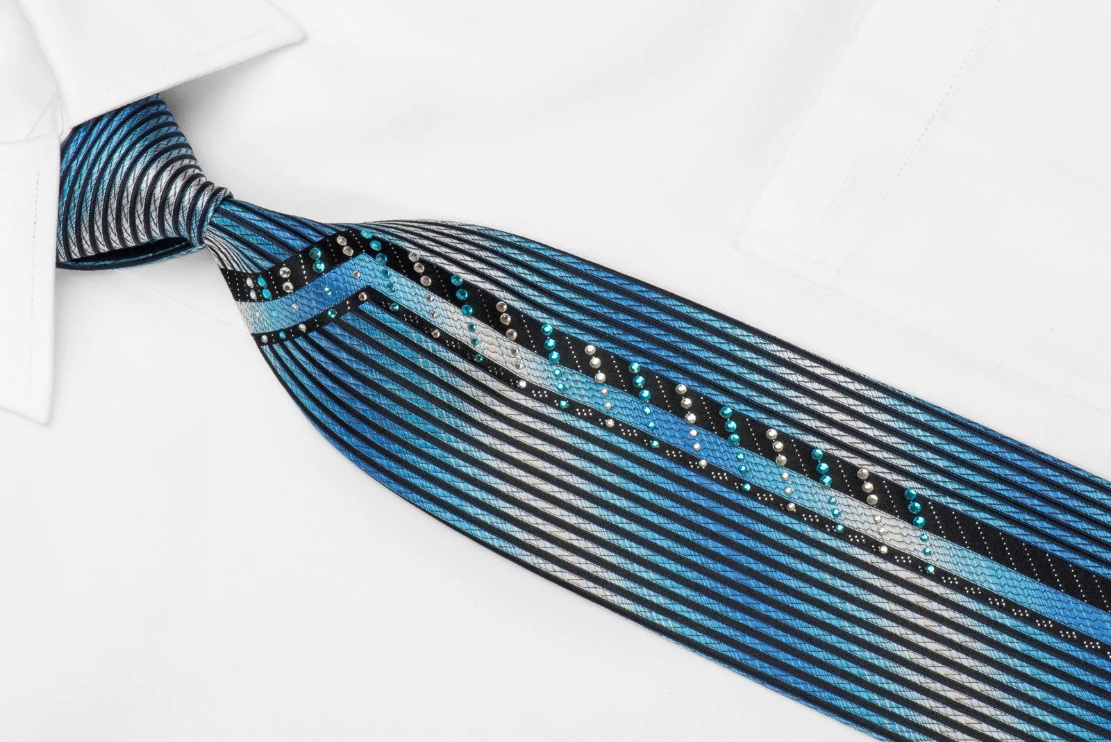 Roberta di Camerino Men's Crystal Sild Tie Blue Vertical Stripes On Black With Silver Sparkles
