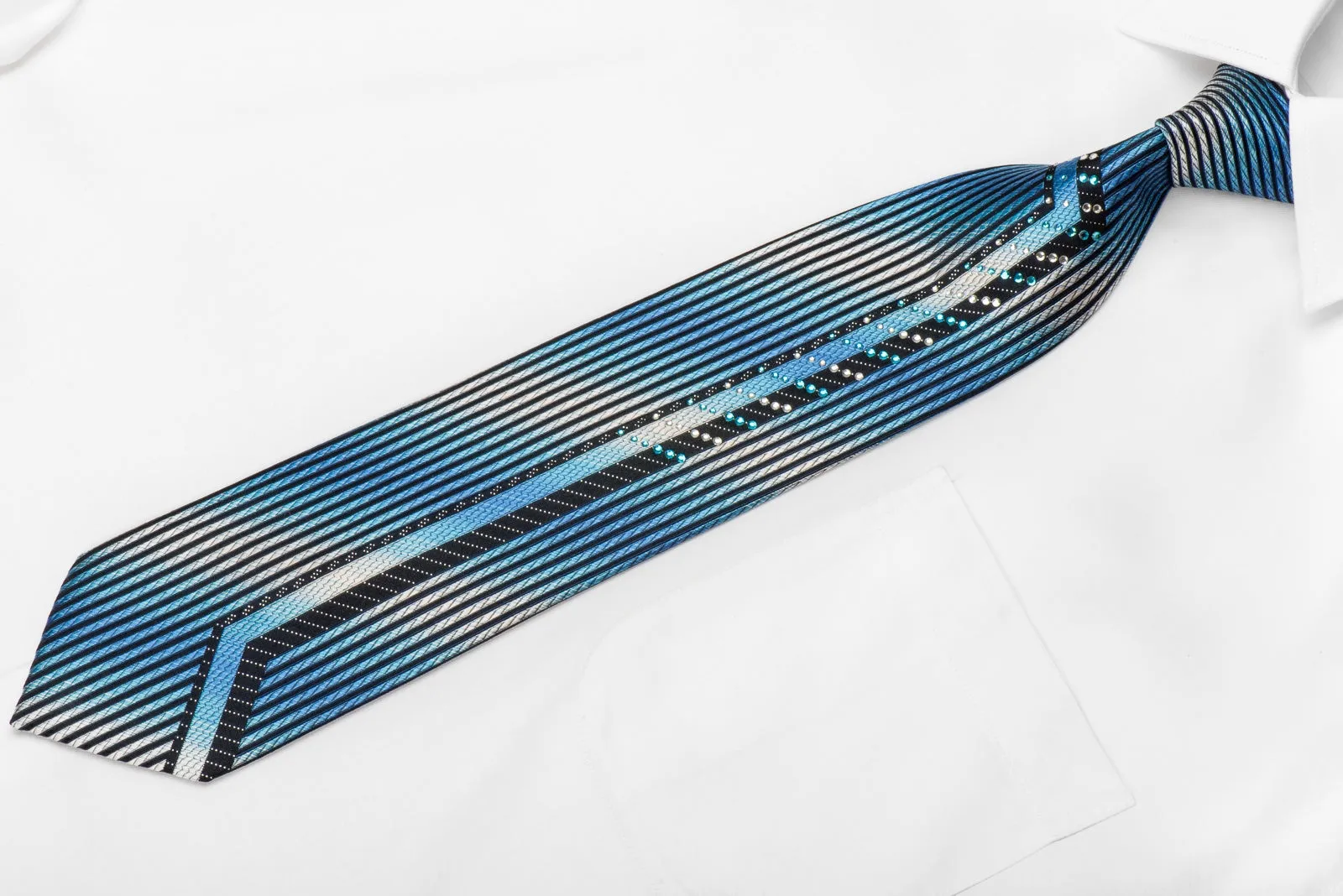 Roberta di Camerino Men's Crystal Sild Tie Blue Vertical Stripes On Black With Silver Sparkles