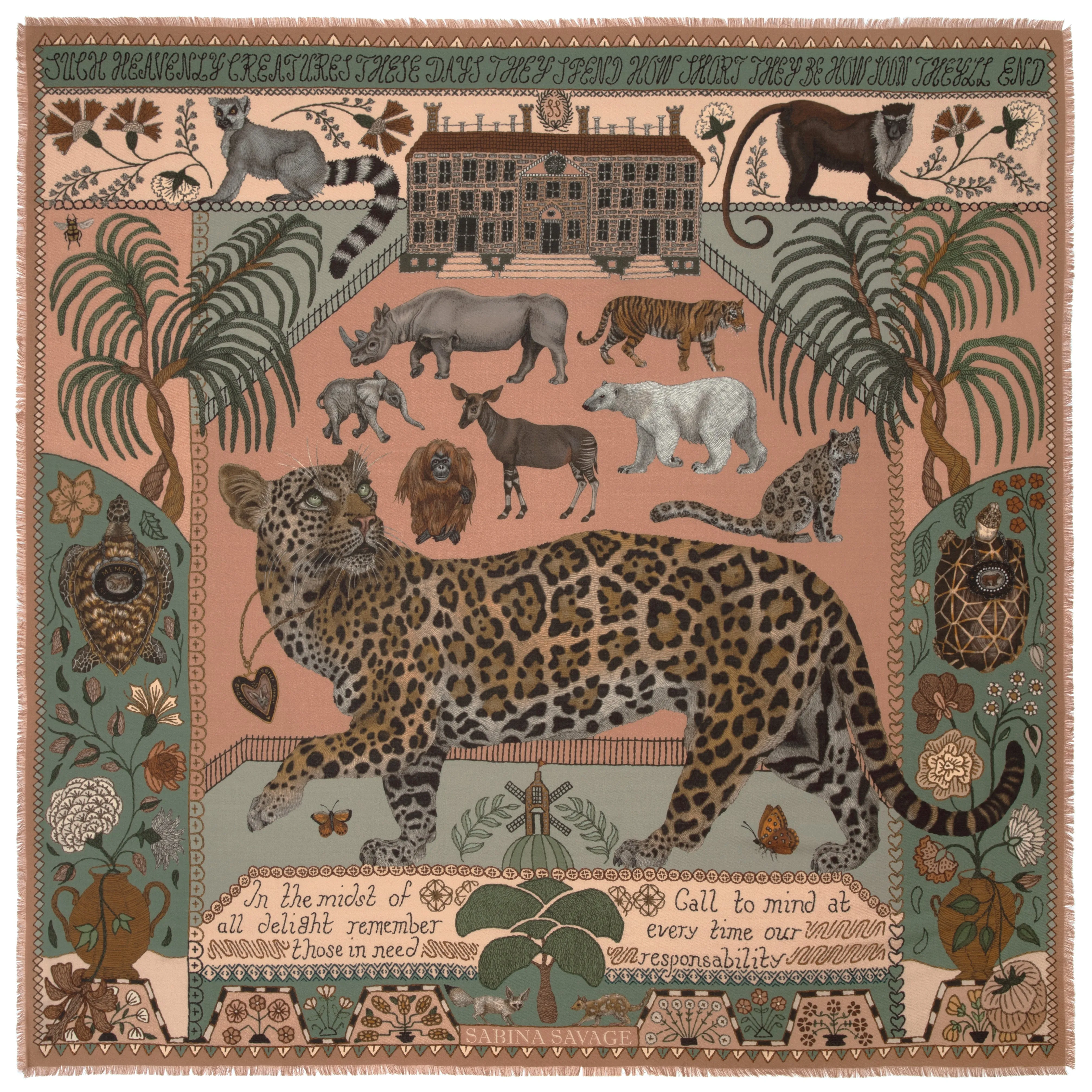 SABINA SAVAGE 135x135 WOOL AND SILK SQUARE | The Jaguar's Paradise | Peach