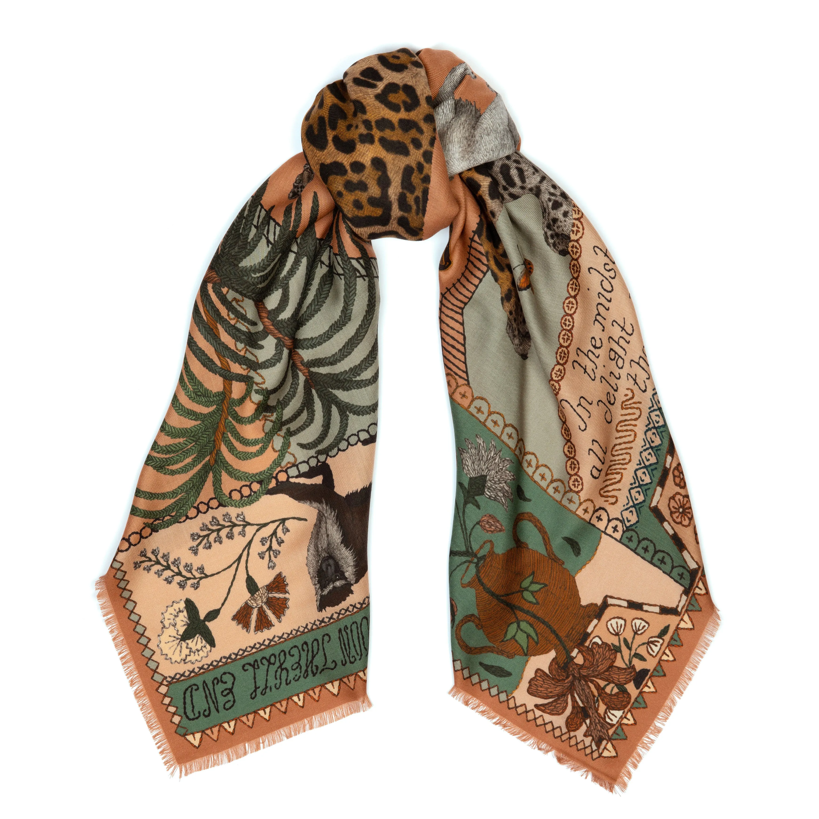 SABINA SAVAGE 135x135 WOOL AND SILK SQUARE | The Jaguar's Paradise | Peach