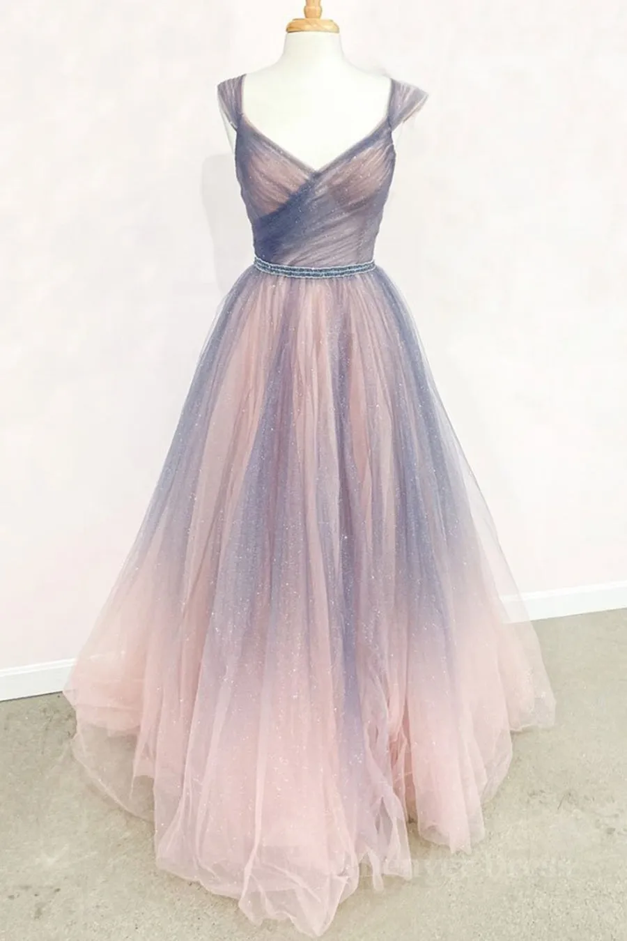 Shiny V Neck Colorful Champagne Long Prom Dress Champagne Formal Evening Dress