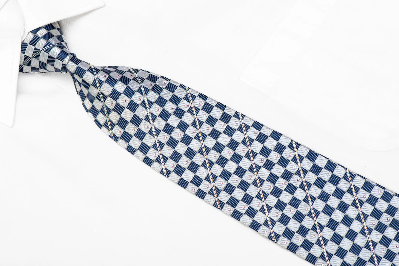 Silver Blue Checkered Rhinestone Necktie With Silver Sparkles