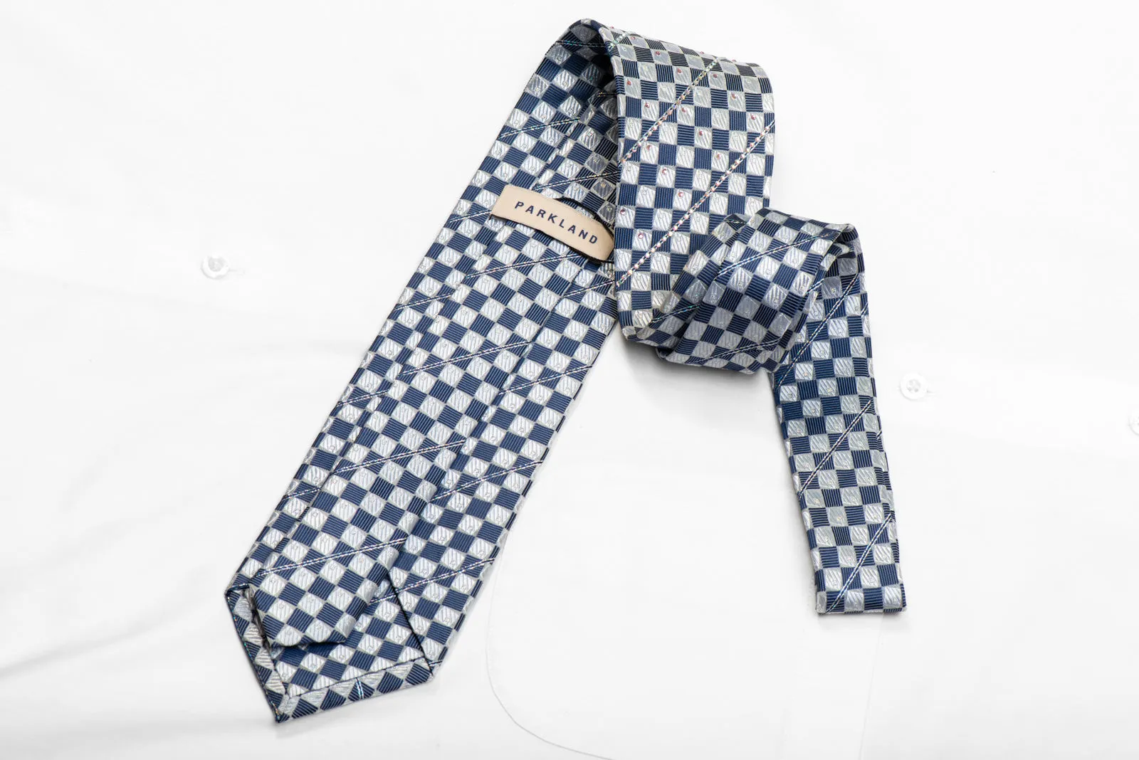 Silver Blue Checkered Rhinestone Necktie With Silver Sparkles