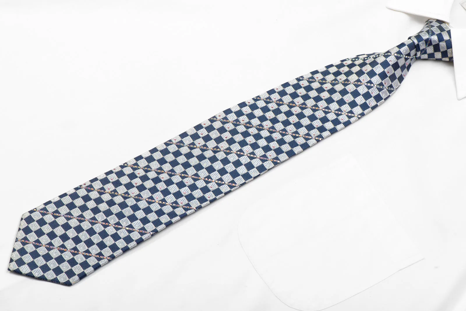 Silver Blue Checkered Rhinestone Necktie With Silver Sparkles