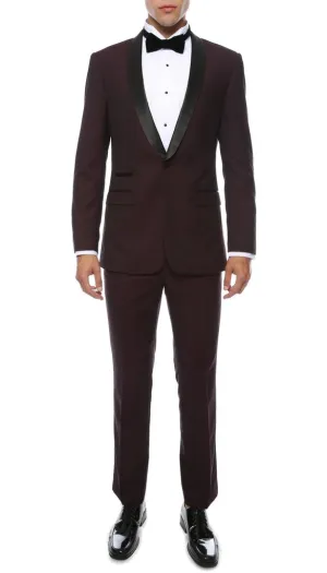 Single Button Shawl Collar Tuxedo- Burgundy/Black