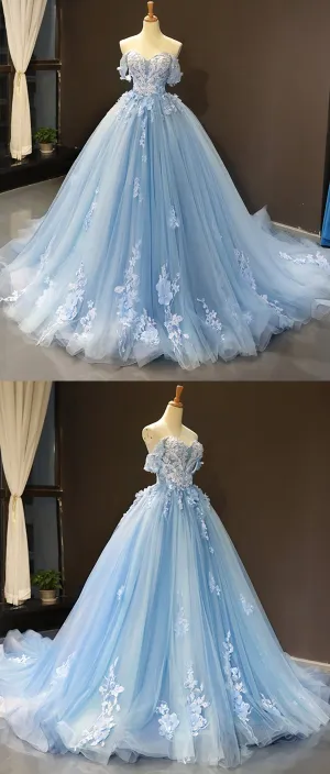 Sky Blue Tulle Off Shoulder Sweetheart Neck Long Lace Applique Senior Prom Dress Evening Dress