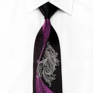 Smalto Men's Crystal Rhinestone Silk Necktie Paisley & Waves On Purple