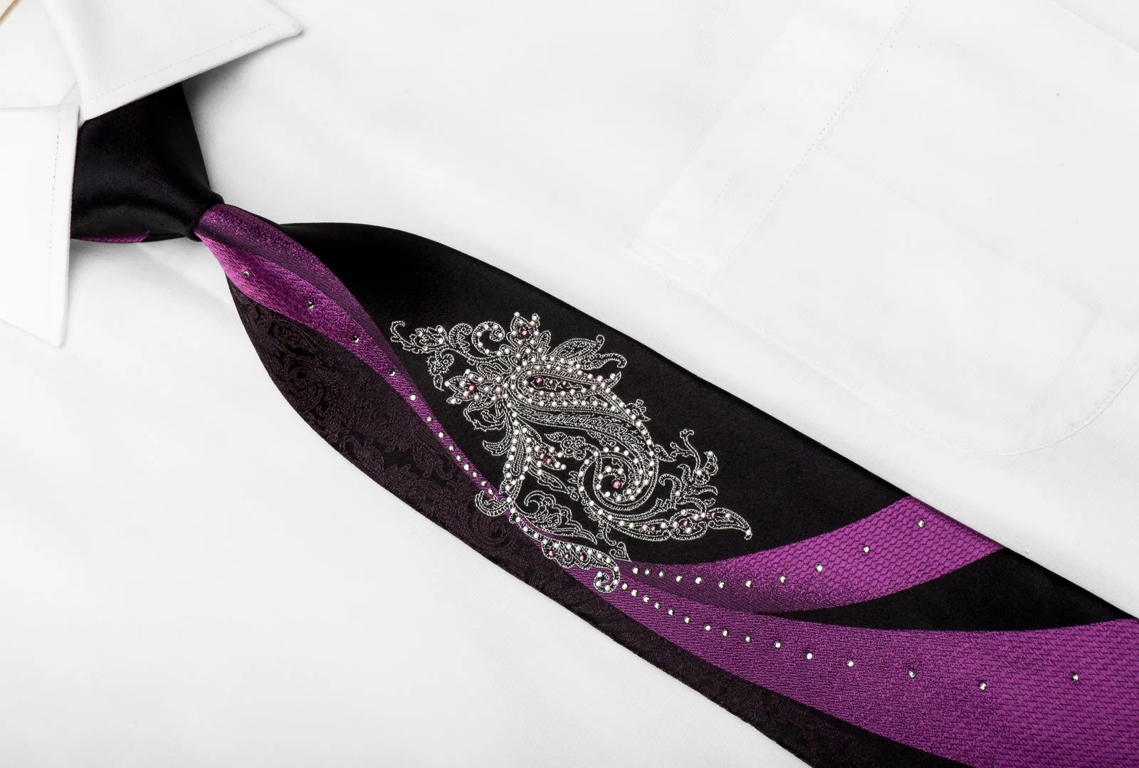 Smalto Men's Crystal Rhinestone Silk Necktie Paisley & Waves On Purple