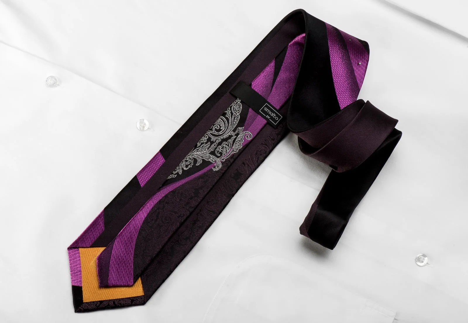 Smalto Men's Crystal Rhinestone Silk Necktie Paisley & Waves On Purple