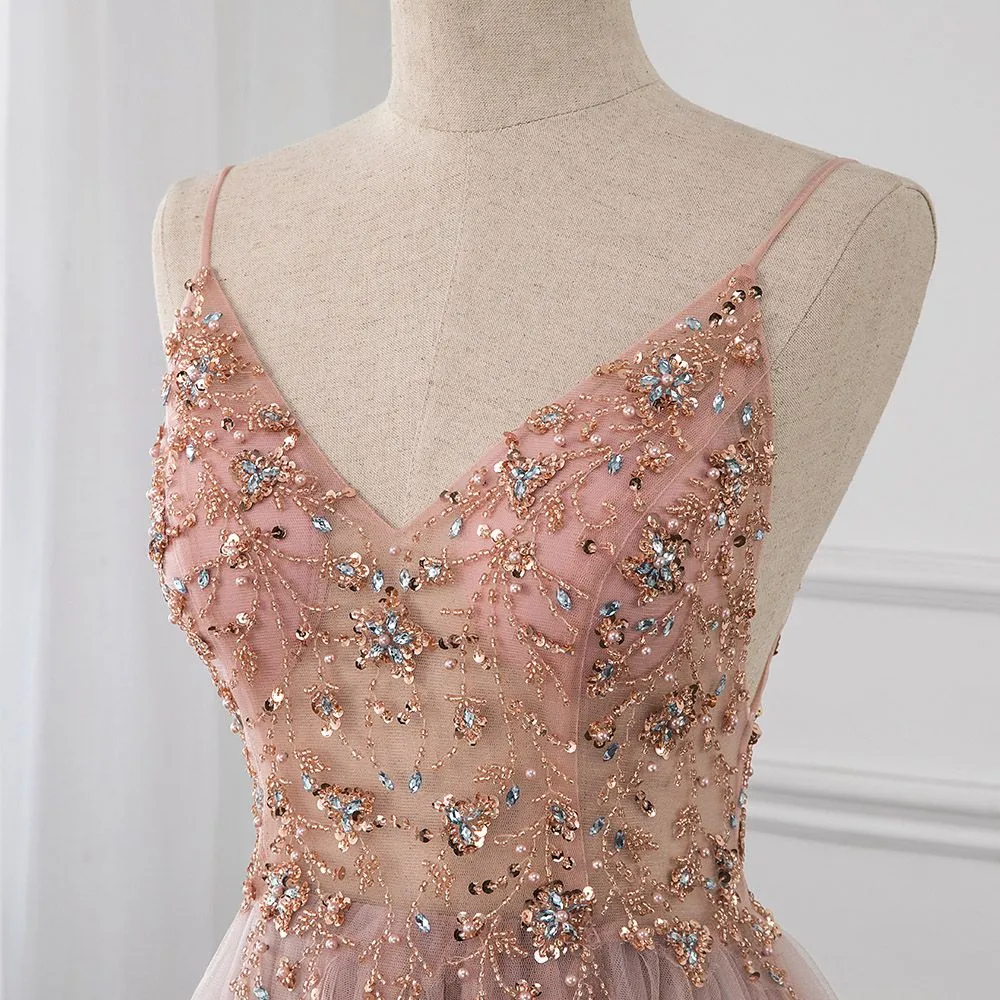 Sweetheart Crystal Prom Dresses Straps Spaghetti Tulle Evening Gown Split Side