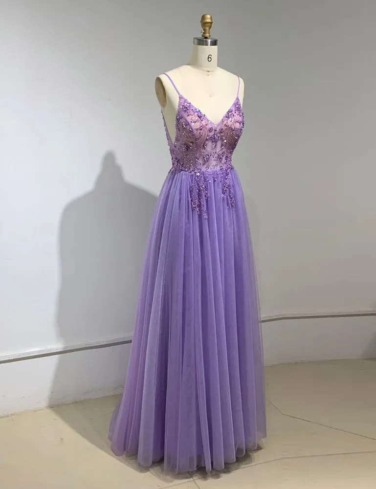 Sweetheart Crystal Prom Dresses Straps Spaghetti Tulle Evening Gown Split Side