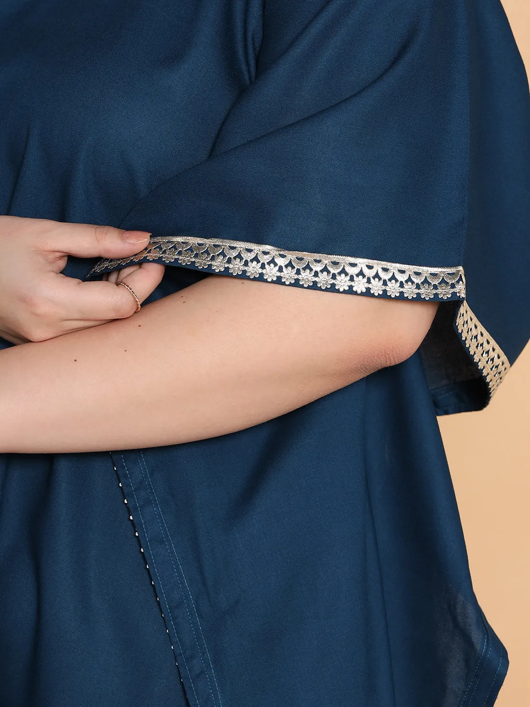 Teal Rayon Embellished Kaftan Kurta