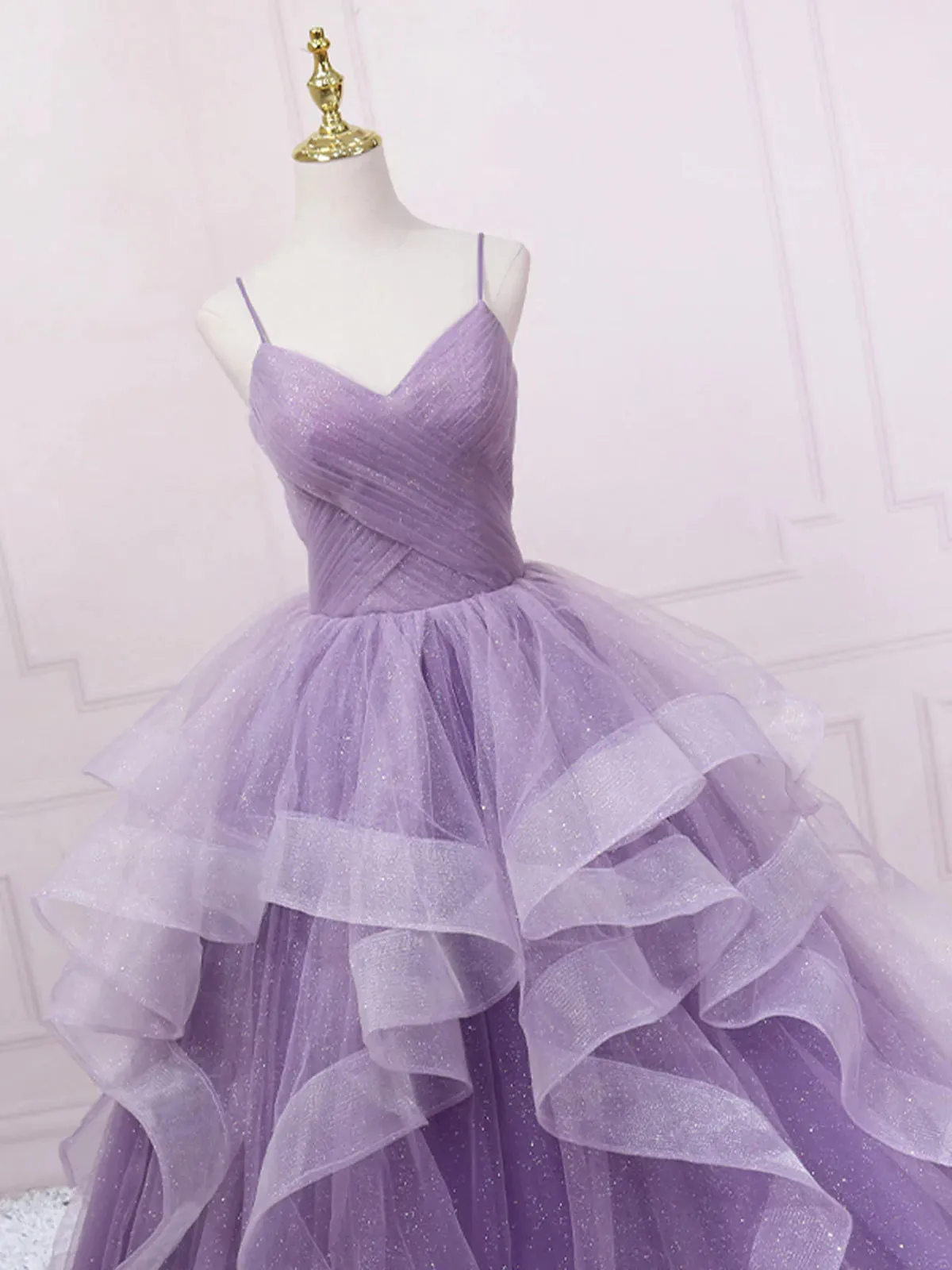 V Neck Purple Sequin Long Prom Dress, Purple V Neck Long Formal Evening Dresses