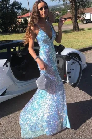White Sequins Mermaid V Neck Sparkly Prom Evening Dresses