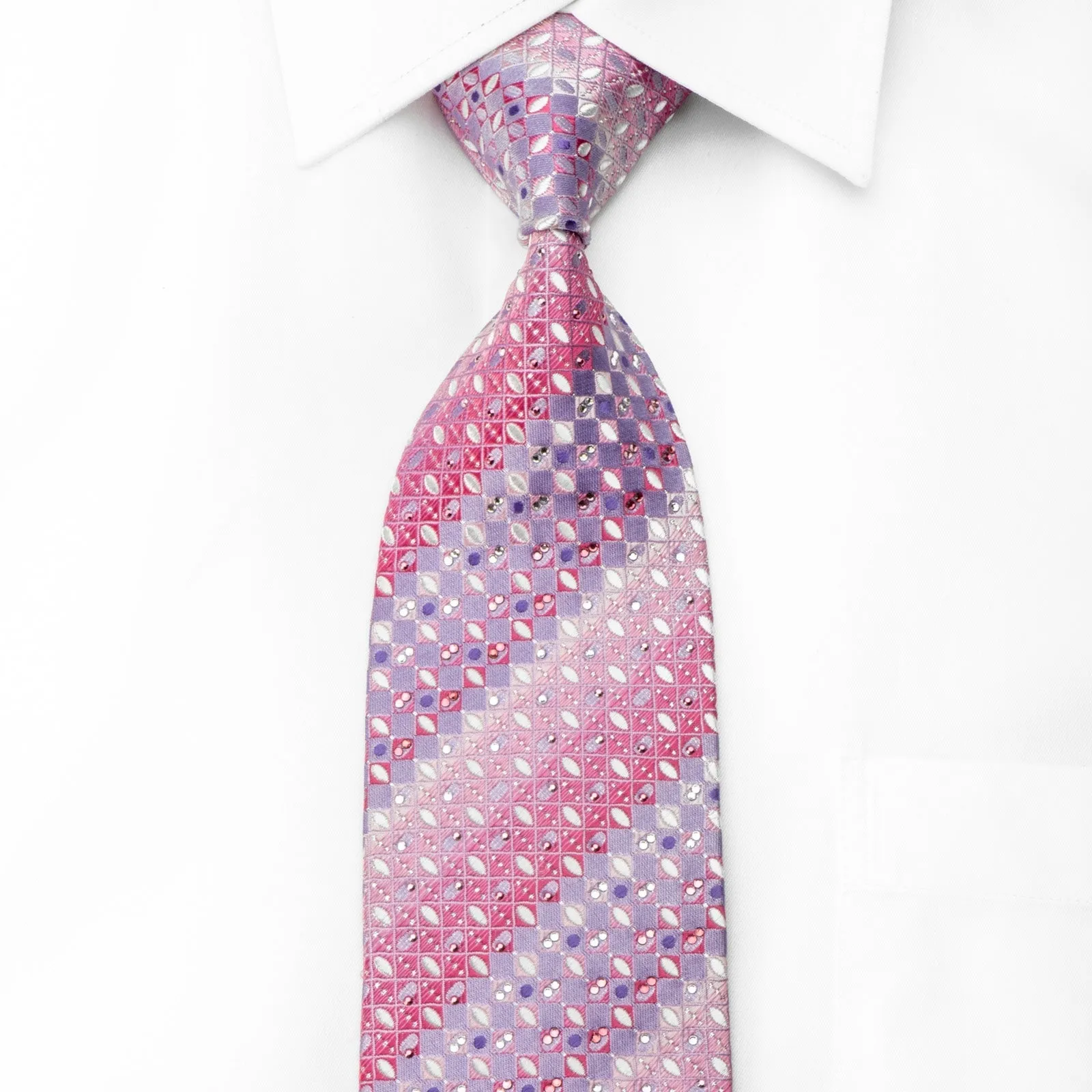 Yezak Men's Silk Crystal Necktie Mauve Pink Checkered With Silver Sparkles