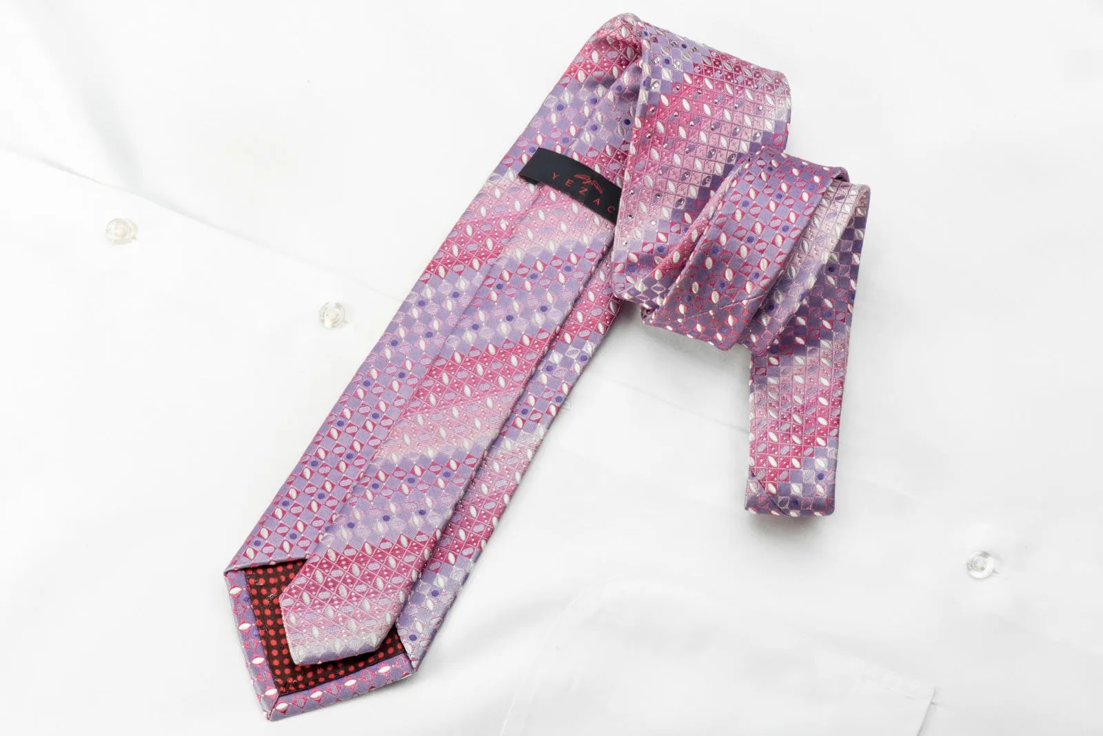 Yezak Men's Silk Crystal Necktie Mauve Pink Checkered With Silver Sparkles