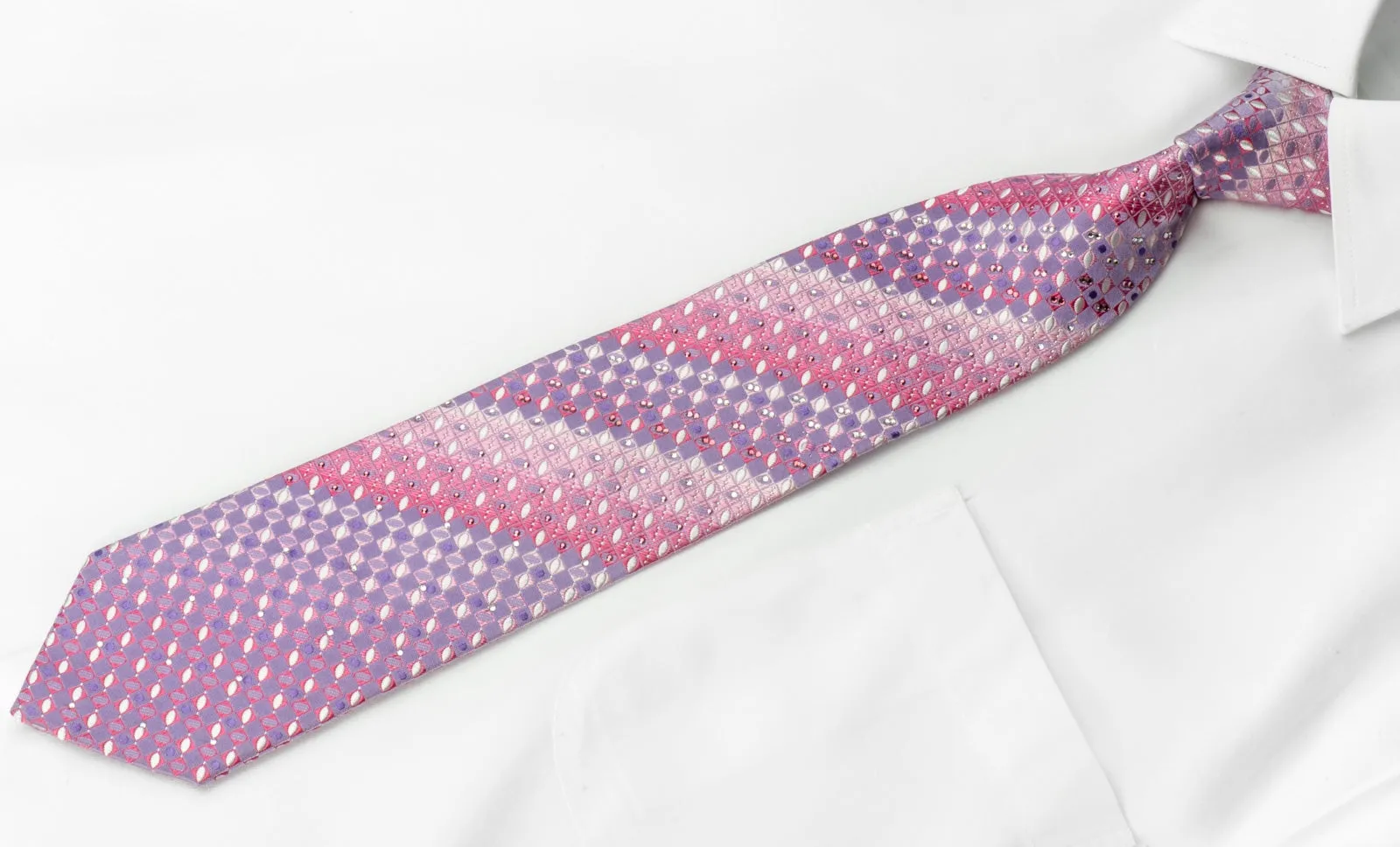 Yezak Men's Silk Crystal Necktie Mauve Pink Checkered With Silver Sparkles